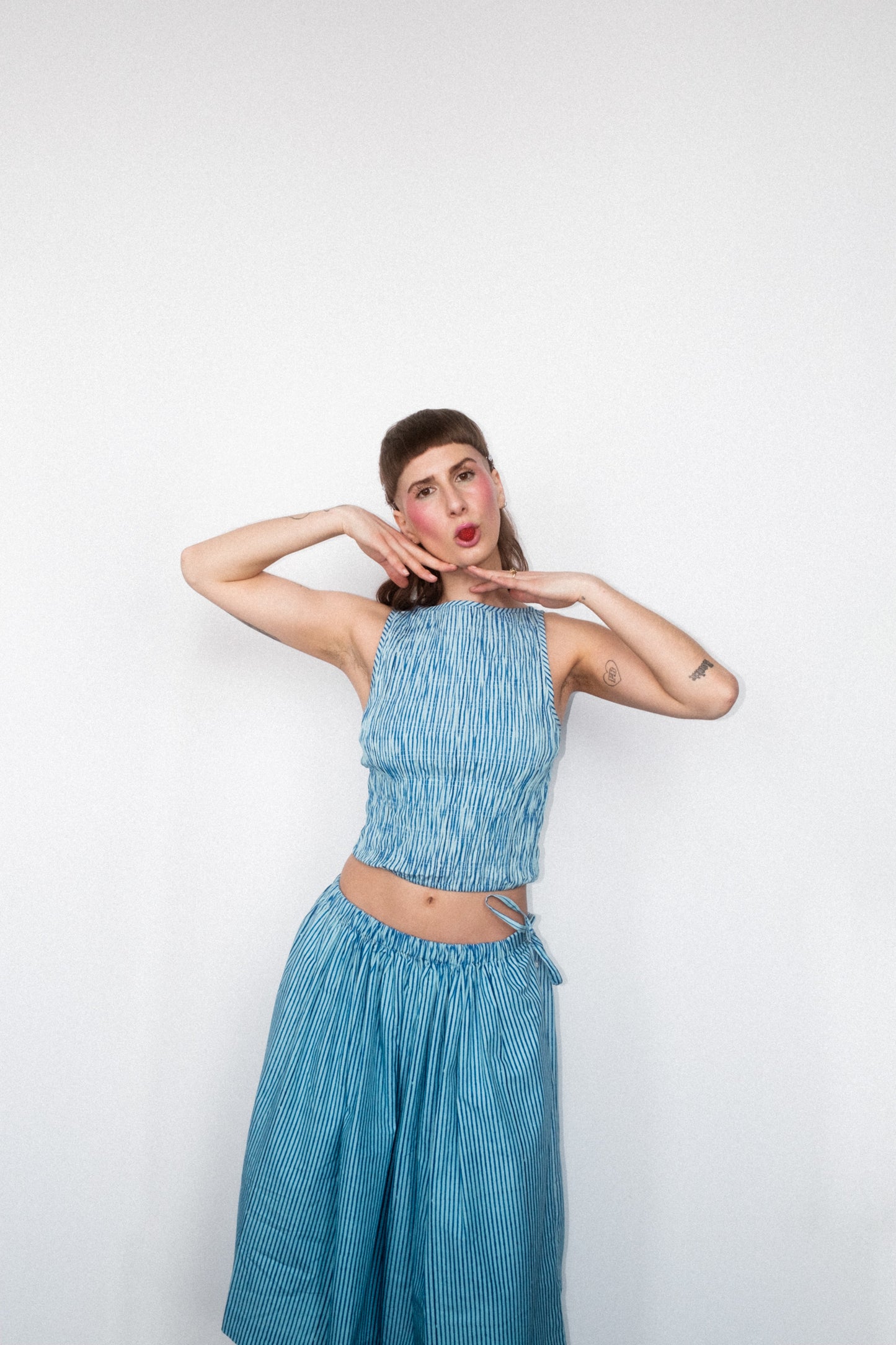 Shirred Top- Blue/Blue Stripe