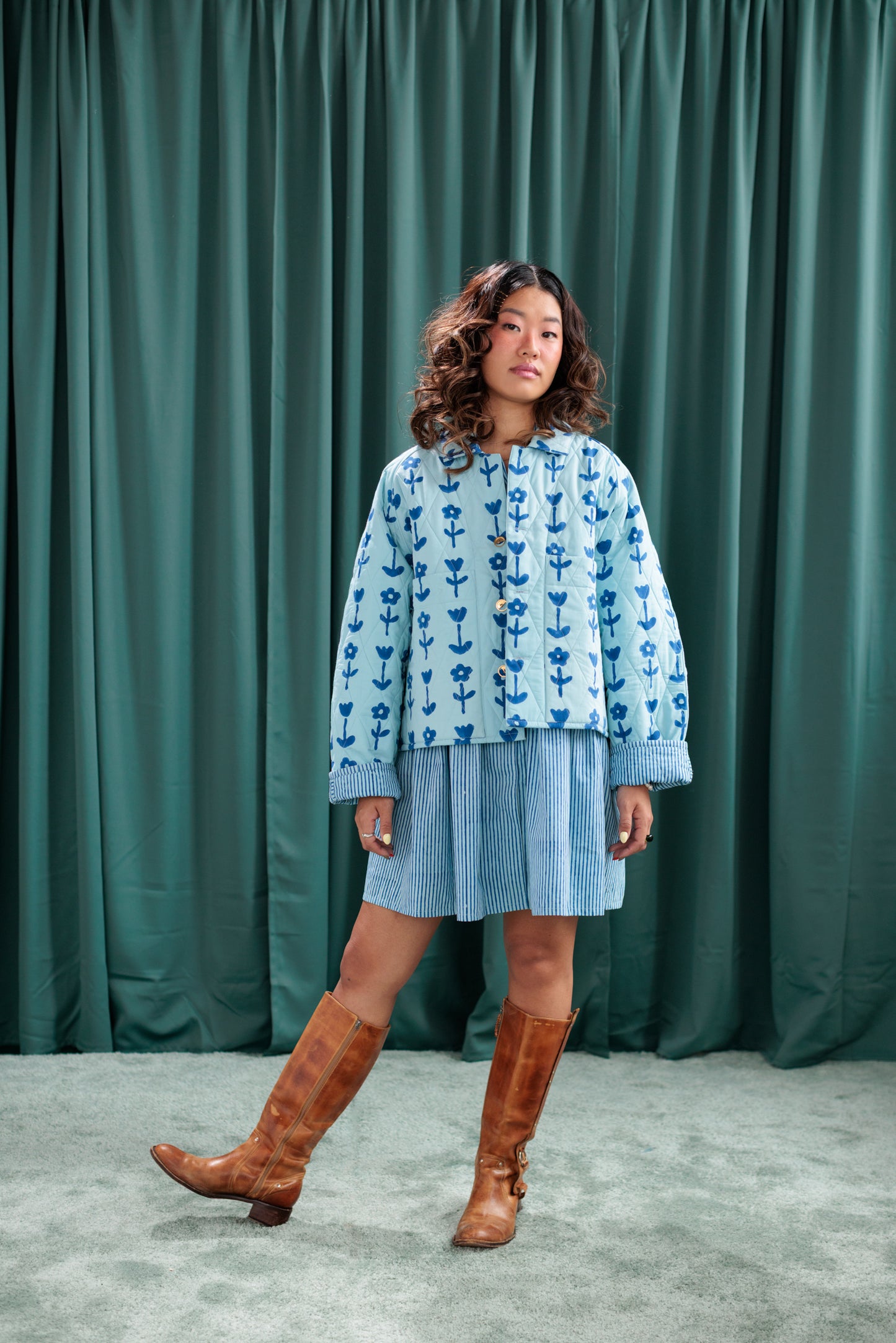 Blue/Blue Reversible Crop Quilt Coat