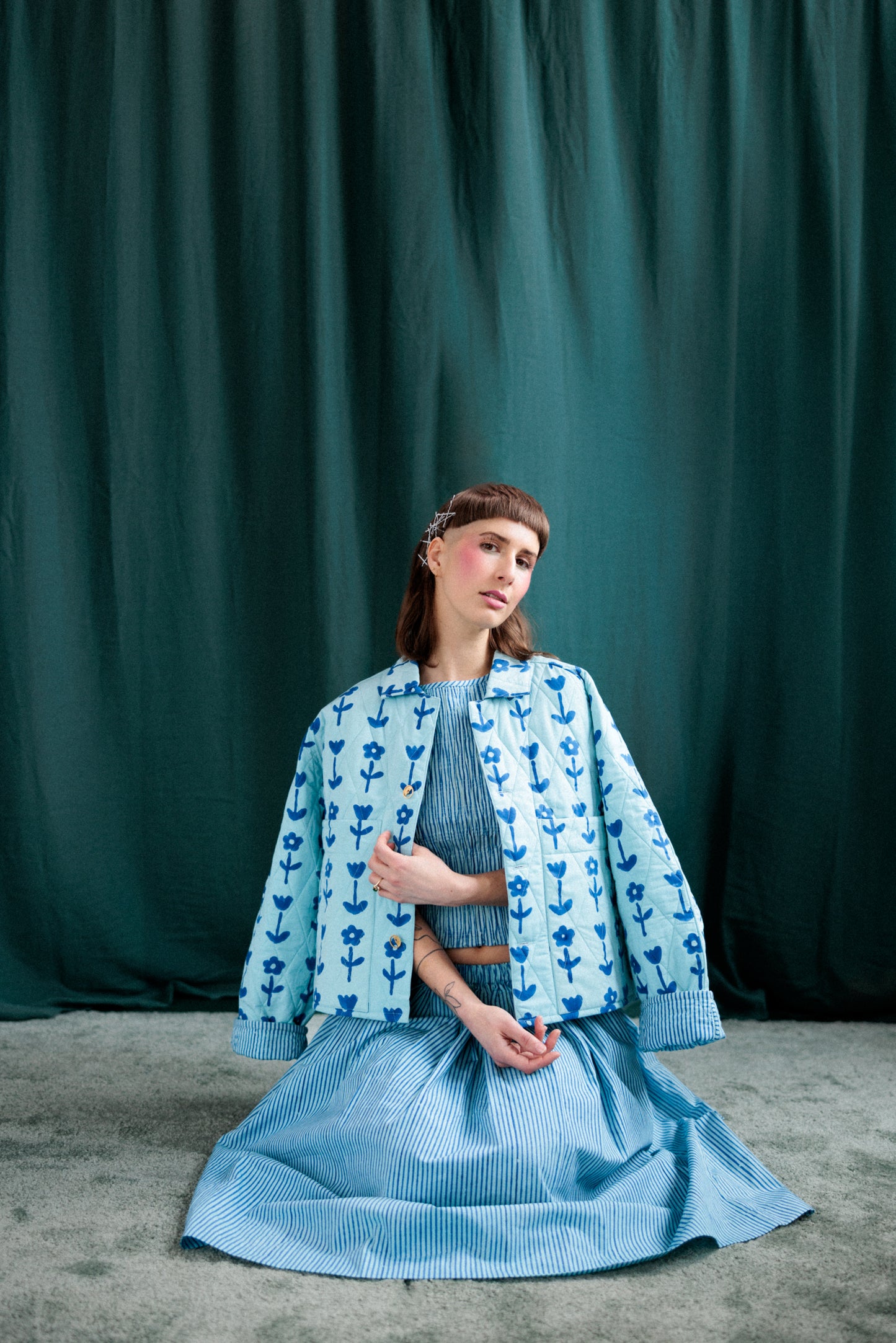 Blue/Blue Reversible Crop Quilt Coat